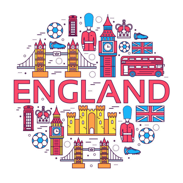 land england reisen urlaub reiseratgeber für orte in dünne linien - england map soccer soccer ball stock-grafiken, -clipart, -cartoons und -symbole