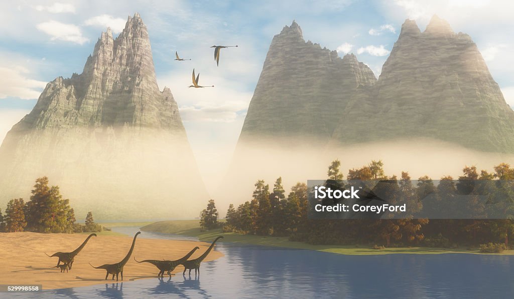 Jurassic Mamenchisaurus Habitat Dimorphodon reptiles fly over a herd of Mamenchisaurus dinosaurs coming down to a river for a drink. Dinosaur Stock Photo