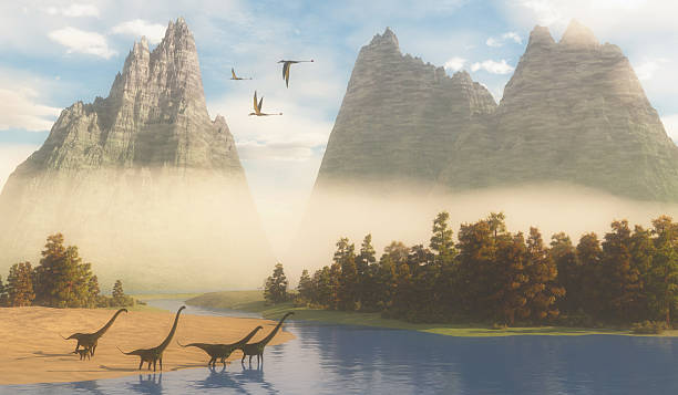 Jurassic Mamenchisaurus Habitat Dimorphodon reptiles fly over a herd of Mamenchisaurus dinosaurs coming down to a river for a drink. prehistoric era stock pictures, royalty-free photos & images