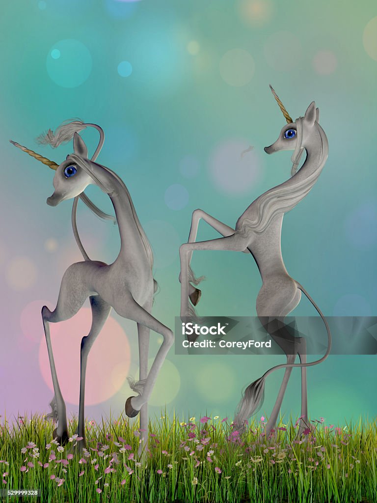 Unicorn Duet Two cartoon unicorn creatures dance in a meadow full of flowers in a fantasy scene. Agriculture Stock Photo