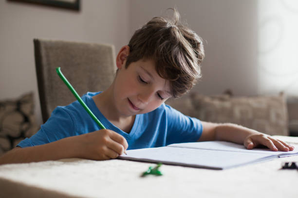 Young boy sitting at the table doing his school homework. stock photo