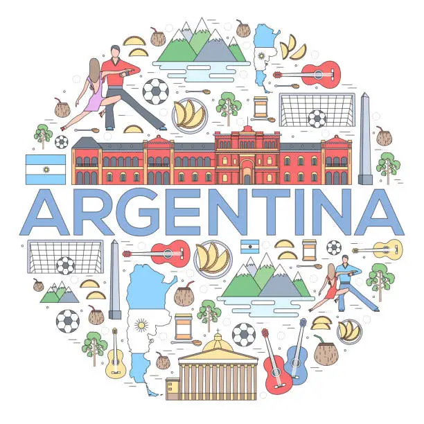 Vector illustration of Country Argentina travel vacation guide of goods, places and features.