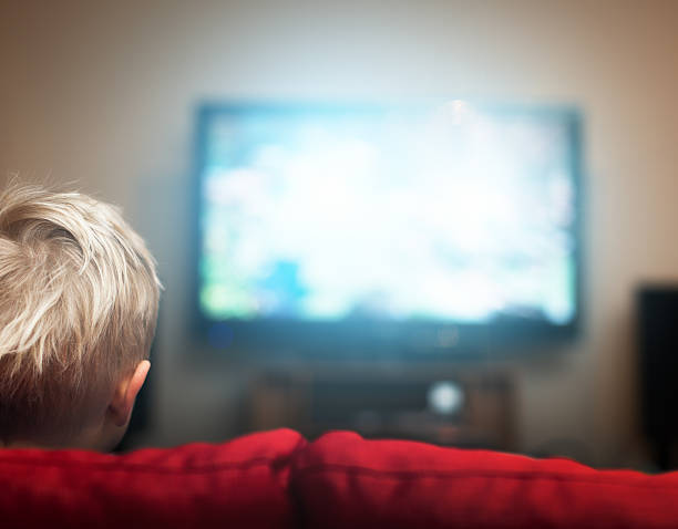 istock Backview of blond boy watching TV at home. 530004380