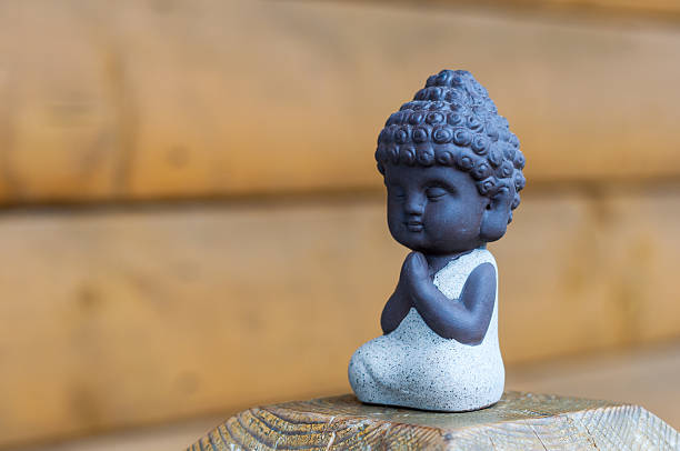 istock Little Buddha pray or meditate on wooden background with empty 530005200