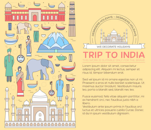 Country India travel vacation guide of goods, places and features Country India travel vacation guide of goods, places and features. Set of architecture, fashion, people, items, nature background concept. Infographics template design for web and mobile Kurta stock illustrations