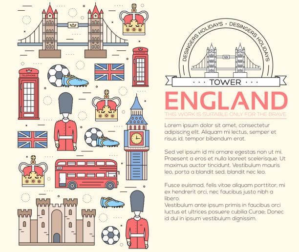 ilustrações, clipart, desenhos animados e ícones de país inglaterra guia de viagem de férias de lugares em linhas finas - england map soccer soccer ball