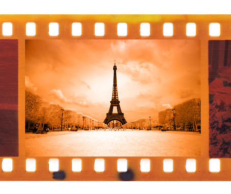 vintage old 35mm frame photo film with Eiffel Tower in Paris, France