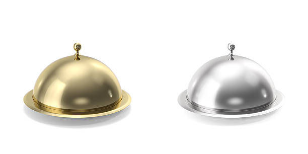 istock Silver and gold closeed cloche on white background. 3d illustration 530007272