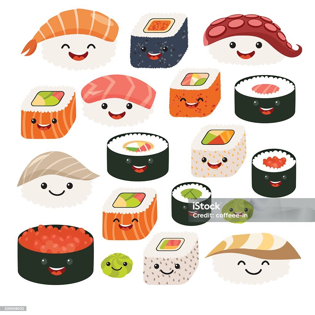 Emoji sushi caracteres historieta comida japonesa. Vector de conjunto Sush - arte vectorial de Sushi libre de derechos