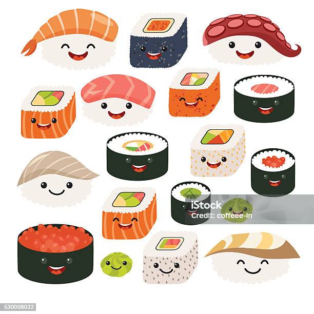 Ilustración de Emoji Sushi Caracteres Historieta Comida Japonesa Vector De Conjunto Sush y más Vectores Libres de Derechos de Sushi
