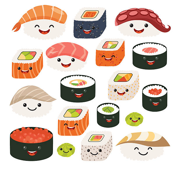 illustrazioni stock, clip art, cartoni animati e icone di tendenza di emoji sushi caratteri fumetto di piatti giapponesi. impostare vettoriale sush - sushi
