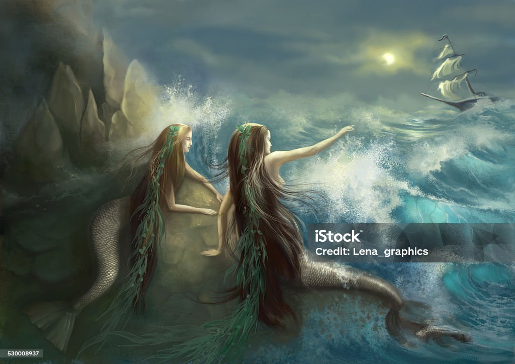 Hunting two mermaids Hunting two mermaids in the rocks on the background of a stormy ocean and the raging waves. Digital illustration.  Mermaid stock illustration