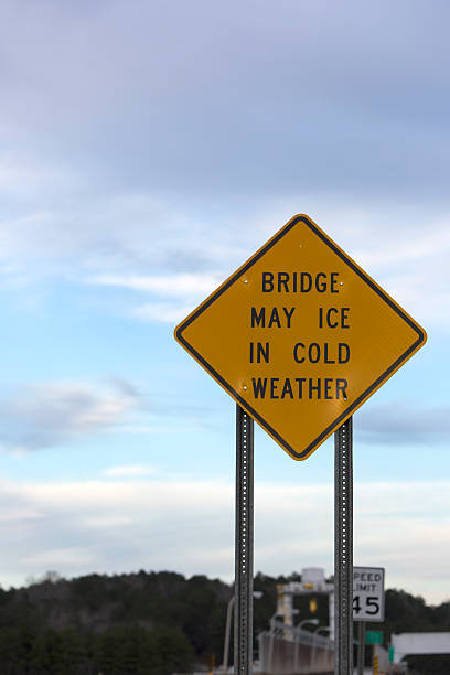 Road sign indicating Bridge May Ice in Cold Weather stock photo