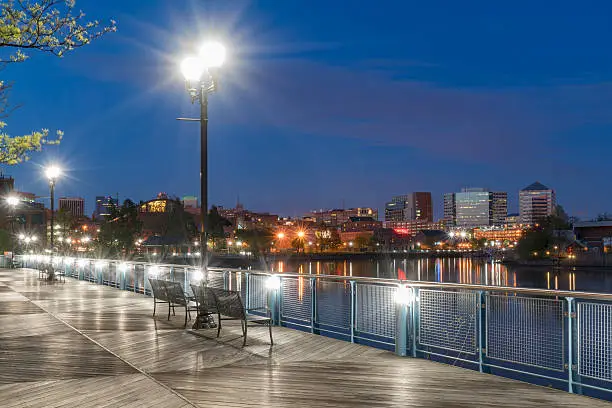 Wilmington Delaware skyline along the Riverfront at night along the Christiana River