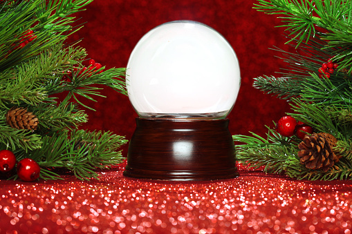 Christmas tree branches with empty snowglobe