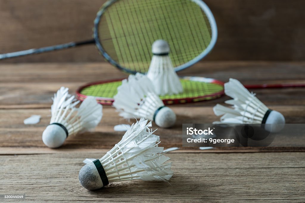 Set of badminton. Paddle and the shuttlecock Shuttlecock and Racket with parts of its feathers scattered on wooden Badminton - Sport Stock Photo