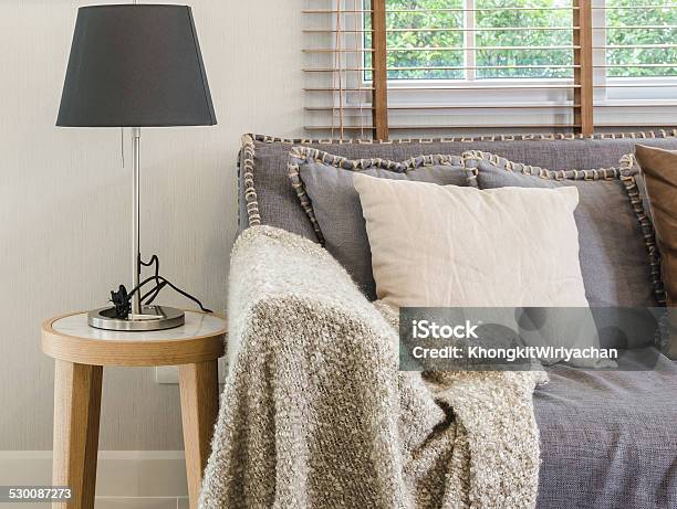 Brown Blanket On Sofa With Lamp In Living Room Stock Photo - Download Image Now - Apartment, Architecture, Beige