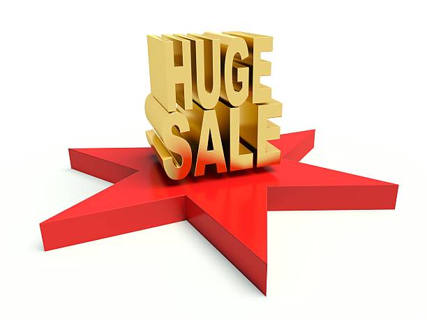 istock Advertising golden words Huge Sale on star. 3d render illustration. 530097549