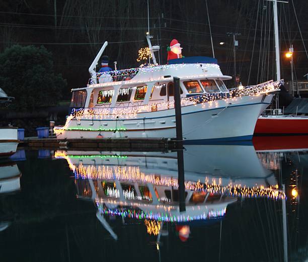 Boat Decorated With Lights For Christmas stock photo