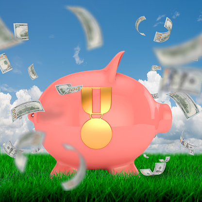 piggy bank with gold medal icon on isolated background means best financial service or best bank,etc.
