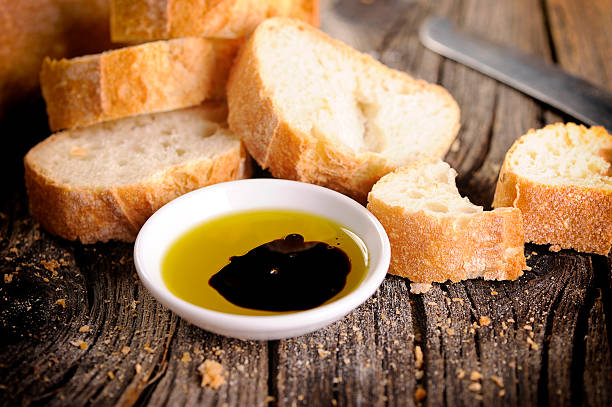 Italian food appetizer of bread olive oil and balsamic vinegar stock photo