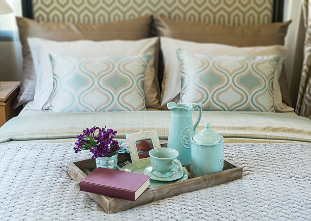 istock Decorative tray with book,tea set and flower 530116471