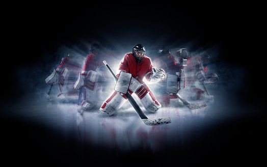 Ice hockey goalie  in spotlight in different positions- advertising