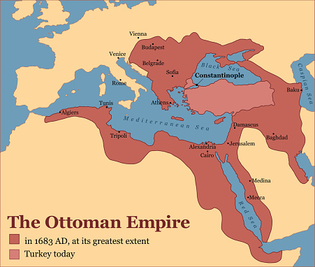 The Ottoman Empire at its greatest extent in 1683, and Turkey today. Vector illustration.