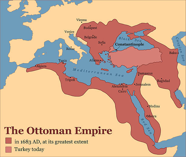 Ottoman Empire Turkey The Ottoman Empire at its greatest extent in 1683, and Turkey today. Vector illustration. empire stock illustrations