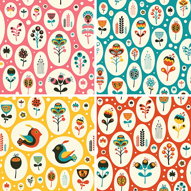 ilustraciones, imágenes clip art, dibujos animados e iconos de stock de conjunto de patrones sin fisuras con flores y pájaros en snowballs. - illustration and painting single flower fun old fashioned