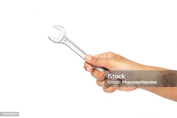 Hand Holding Wrench Isolated On White Background Stock Photo - Download Image Now - Adult, Arts Culture and Entertainment, Blue-collar Worker