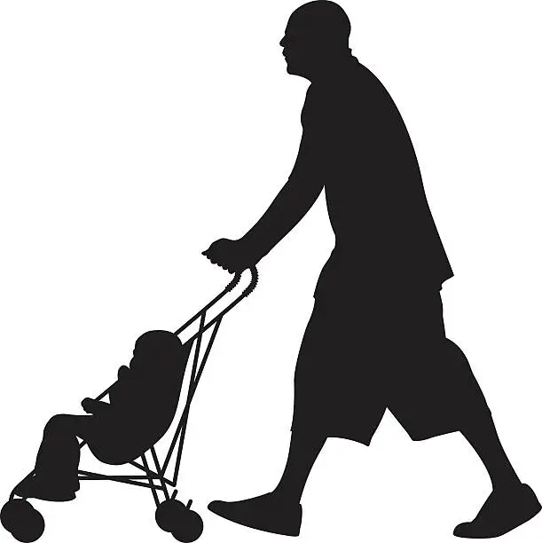 Vector illustration of Man Pushing Baby in Stroller Silhouette