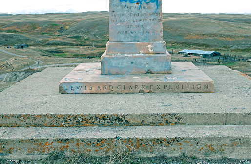 Marker indicating spot where Captain Lewis got farthest on the Marias River on the Blackfeet Reservation in northern Montana