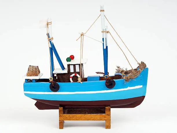 Model of wooden ship on a white background