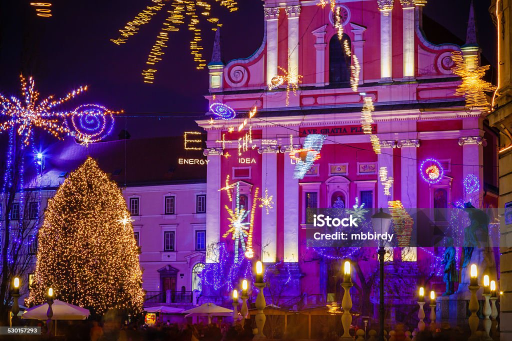 Christmas time decorated Preseren square in Ljubljana December night with Christmas decoration lighting of Preseren square in Ljubljana. Christmas Lights Stock Photo