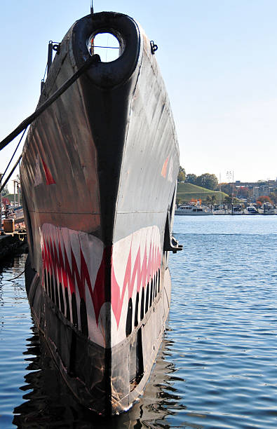 Baltimore, Maryland, USA: World War II US Navy USS Torsk (SS-423) Tench Class submarine - prow with torpedo tubes and shark teeth - photo by M.Torres