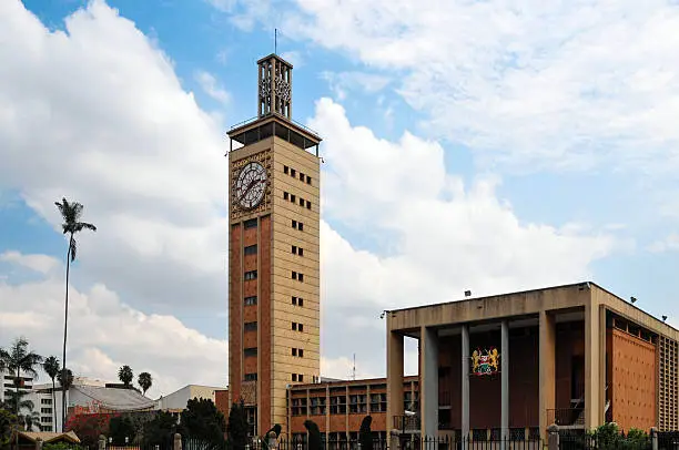 Nairobi, Kenya: Parliament House with its clock tower and the coat of arms of Kenya - architect Amyas Douglas Connell - photo by M.Torres