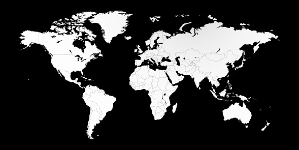 high resolution world map isolated on black background.