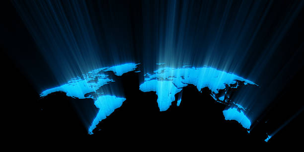 ワールドマップのコンセプト - three dimensional shape continents bright blue ストックフォトと画像