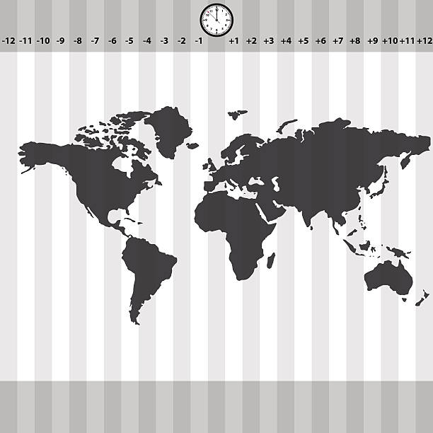 ilustraciones, imágenes clip art, dibujos animados e iconos de stock de zonas horarias mapa mundial con reloj y rayas eps10 - mapa de husos horarios
