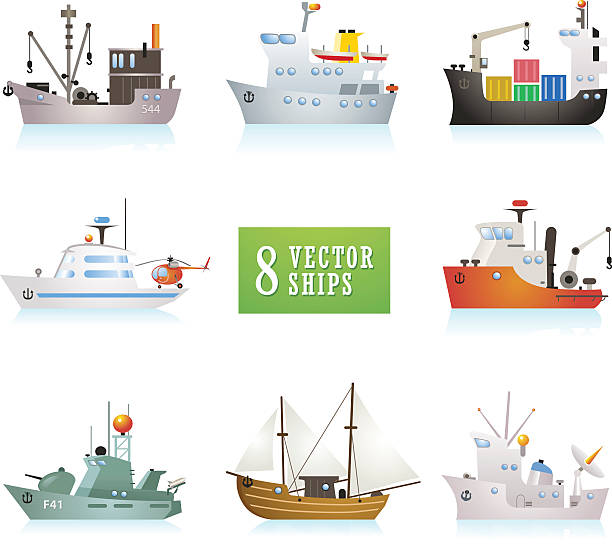 一連の面白い漫画スタイルベクトルの船 - pier jetty nautical vessel sailboat点のイラスト素材／クリップアート素材／マンガ素材／アイコン素材