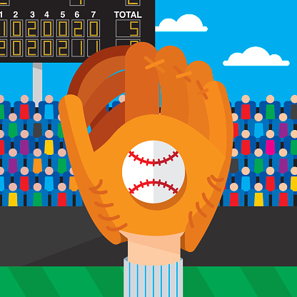 Vector illustration of a baseball mitt in the air catching a baseball with a crowd in the background in flat style.