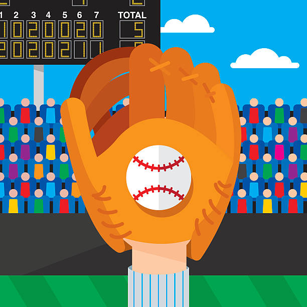 Baseball Catch Vector illustration of a baseball mitt in the air catching a baseball with a crowd in the background in flat style. catching illustrations stock illustrations