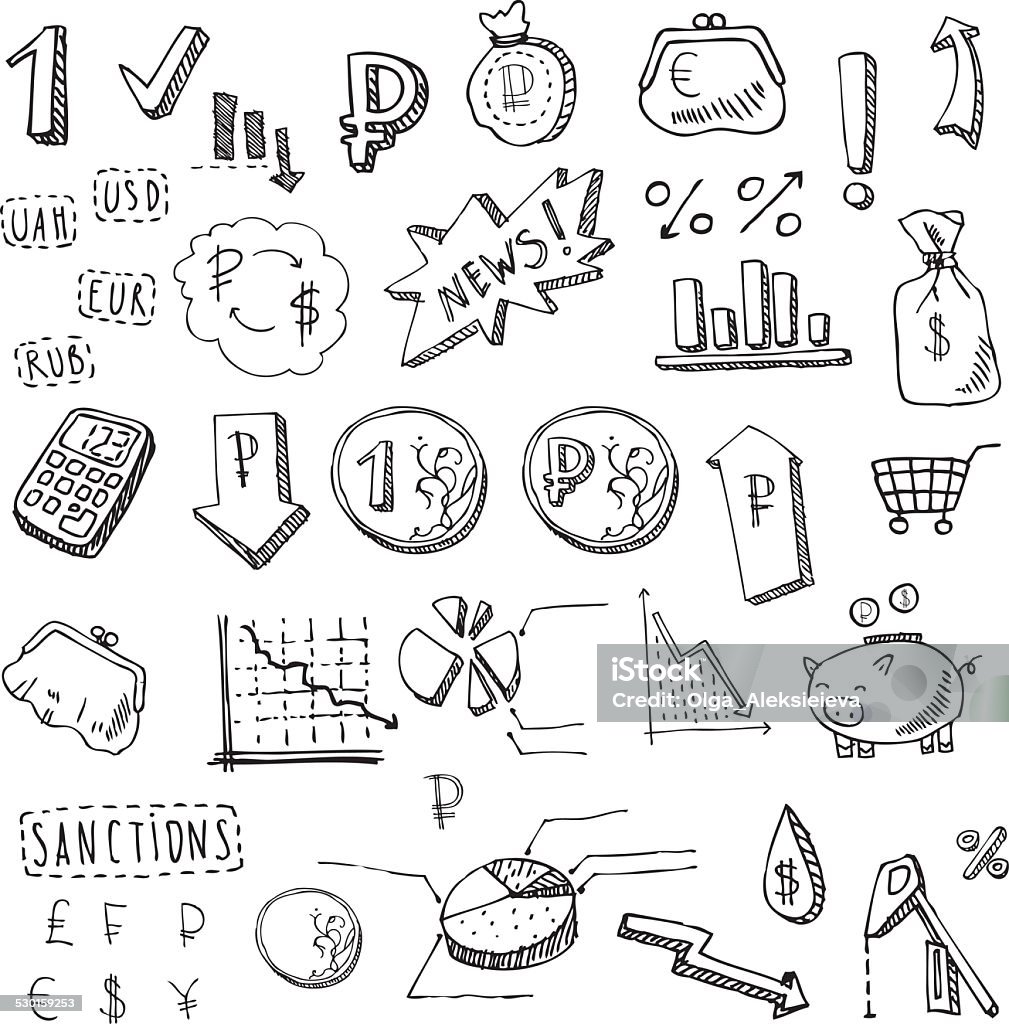 graphic drawn icons isolated on the world currency market graphic drawn icons isolated on a white background for use in presentations, websites, and pie charts on the world currency market, the depreciation of the ruble, oil and economy Inflation - Economics stock vector