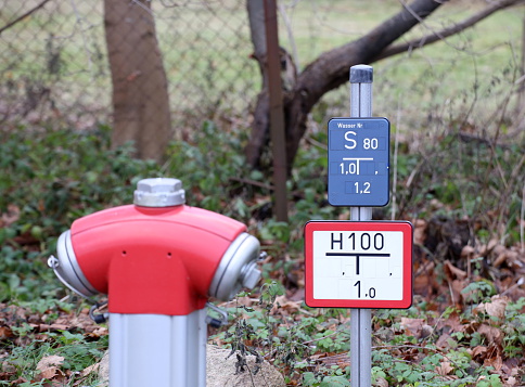 Fire hydrant with sign in Germany.