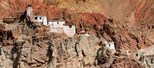 Ruins and Basgo Monastery surrounded with stones and rocks , Leh, Ladakh, Jammu and Kashmir, India. Panoramic image.