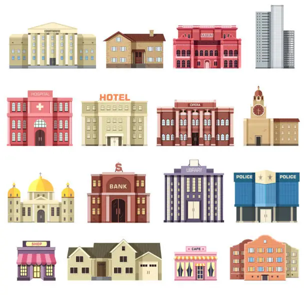 Vector illustration of Flat colorful vector city buildings set. Icon background concept design