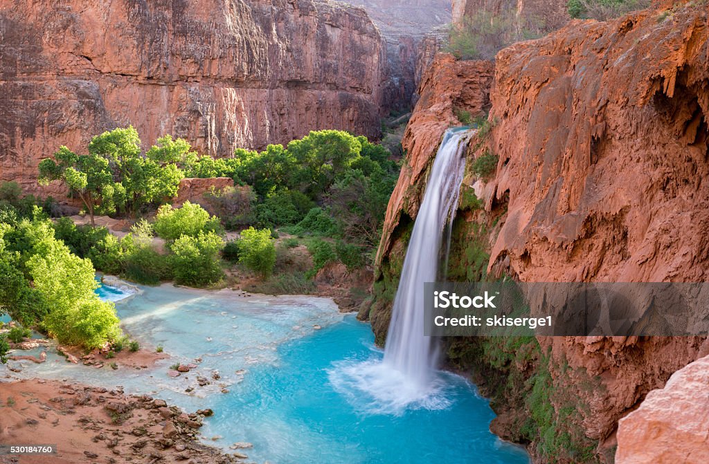 Havasu Falls, Arizona 2 The amazing view of Havasu Falls from above the falls after a hot, long, hike through the desert. Arizona Stock Photo