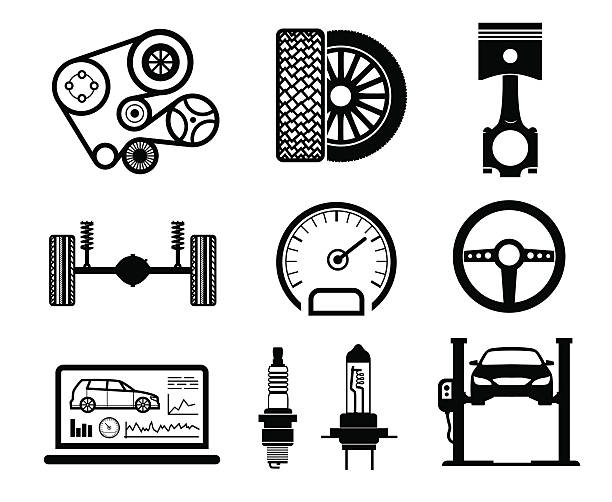 illustrations, cliparts, dessins animés et icônes de travaux d'entretien et de réparation de voiture groupe d'icônes, vectorielle - odometer speedometer car battery motor vehicle