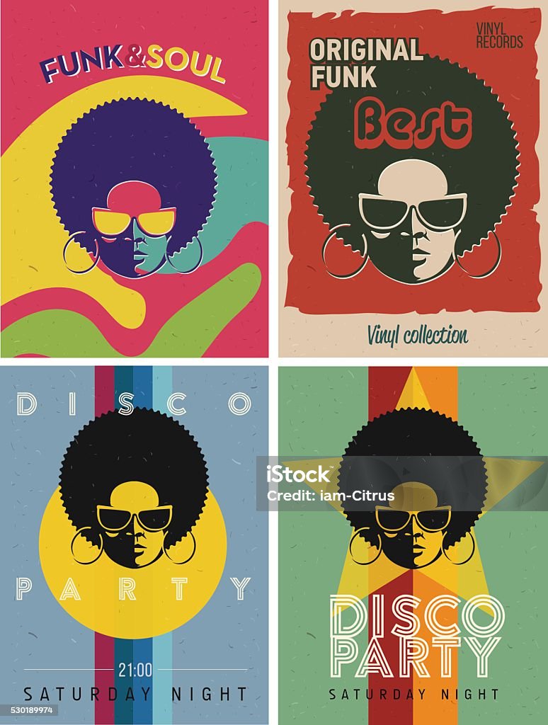 Disco party event flyers set. Collection of the vintage posters. Disco party event flyers set. Collection of the creative vintage posters. Vector retro style template. Black woman in sunglasses. Poster stock vector